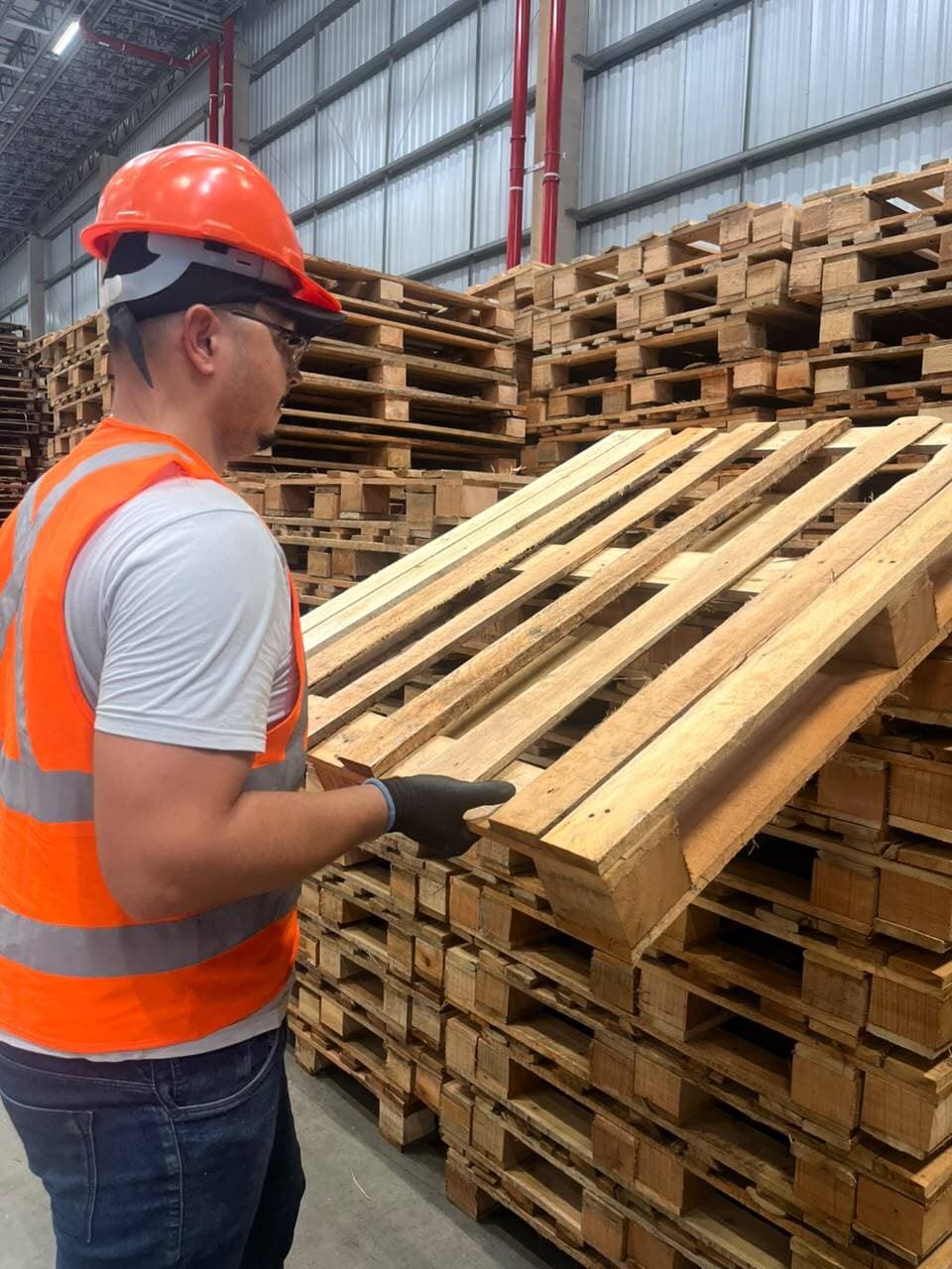 Profissional da Empilha inspecionando pallets em um armazém